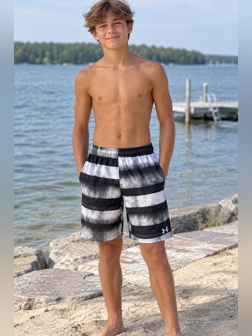 Under Armour Black and White Striped Hybrid bathing suit